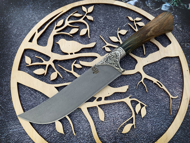 Нож "Пчак №4", клинок сталь Bohler K340, рукоять стабилизированная карельская береза коричневого цвета, притин мельхиор  