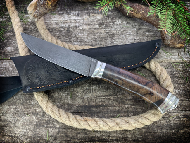 Нож "Лань-2", клинок сталь Х12МФ, рукоять стабилизированная карельская береза коричневого цвета, литье мельхиор