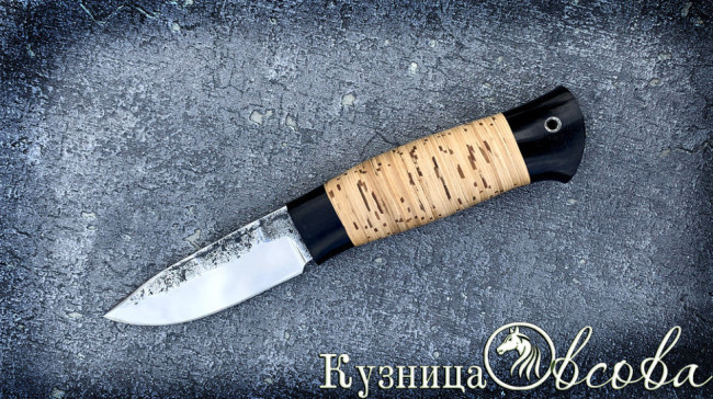Нож "Викинг", клинок сталь Х12МФ, след ковки, рукоять береста, притин и тыльник черный граб