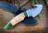 Нож "Скиннер с крючком №1", клинок сталь K340, след ковки, рукоять наборная береста, притин и тыльник стабилизированная карельская береза зеленого цвета