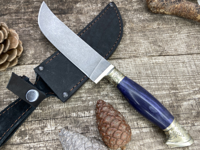 Нож "Пчак №2", клинок сталь K340, рукоять стабилизированная карельская береза фиолетового цвета, литье мельхиор