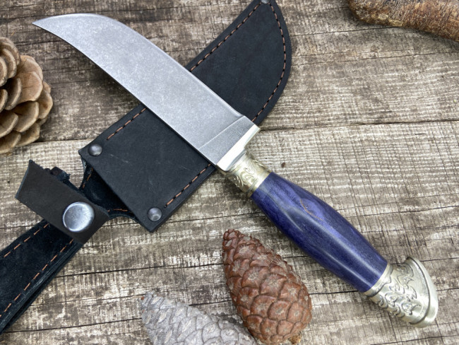 Нож "Пчак №2", клинок сталь K340, рукоять стабилизированная карельская береза фиолетового цвета, литье мельхиор