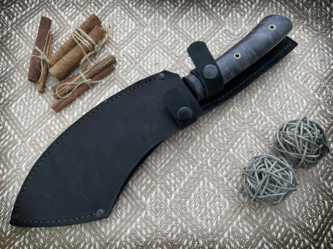 Тяпка "Старка-2", цельнометаллическая, клинок кованая сталь Х12МФ, рукоять накладки стабилизированная карельская береза черного цвета Тяпка "Старка-2", цельнометаллическая, клинок кованая сталь Х12МФ, рукоять накладки стабилизированная карельская береза черного цвета