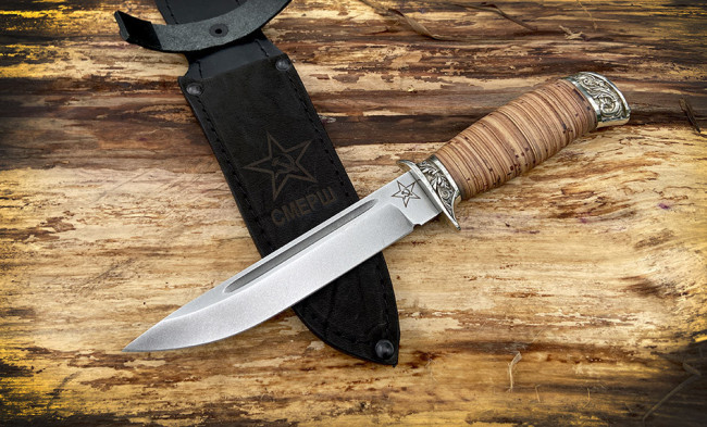 Нож  "Смерш", клинок сталь K340, рукоять наборная береста, литье мельхиор