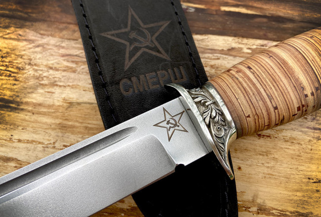 Нож  "Смерш", клинок сталь K340, рукоять наборная береста, литье мельхиор