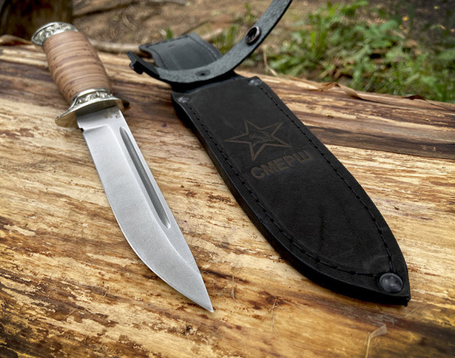 Нож  "Смерш", клинок сталь K340, рукоять наборная береста, литье мельхиор
