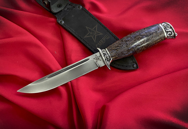 Нож "Смерш", клинок сталь K340, рукоять стабилизированная карельская береза коричневого цвета, литье мельхиор Нож "Смерш", клинок сталь K340, рукоять стабилизированная карельская береза коричневого цвета, литье мельхиор
