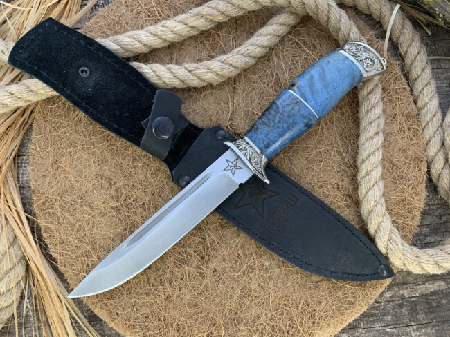 Нож  "Смерш", клинок сталь K340, рукоять стабилизированная карельская береза синего цвета, литье мельхиор