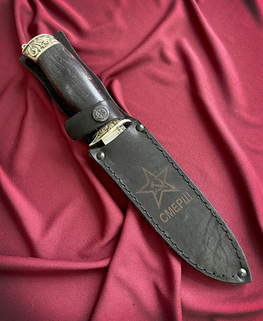 Нож "Смерш", клинок сталь K340, рукоять стабилизированная карельская береза черного цвета, литье мельхиор Нож "Смерш", клинок сталь K340, рукоять стабилизированная карельская береза черного цвета, литье мельхиор