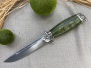 Нож  "Смерш", клинок сталь K340, со следами ковки, рукоять стабилизированная карельская береза зеленого цвета, литье мельхиор