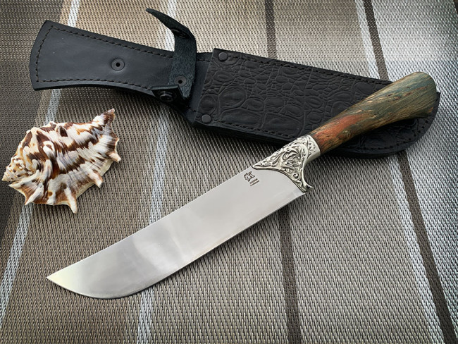 Нож "Пчак Магнум №4",клинок сталь Х12МФ, рукоять стабилизированная карельская берёза зелёного цвета, притин мельхиор 