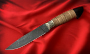 Нож "Акула", клинок Дамасская сталь, рукоять наборная береста, литье мельхиора Нож "Акула", клинок Дамасская сталь, рукоять наборная береста, литье мельхиора
