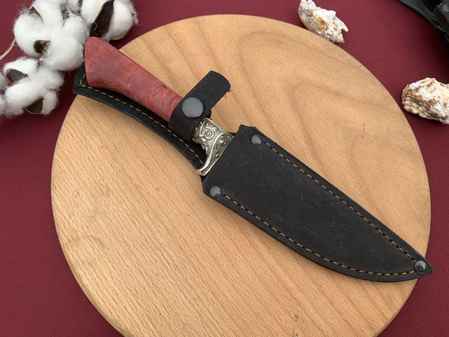 Нож "Пчак малый с долом №5", клинок сталь K340, рукоять стабилизированная карельская береза красного цвета, литье мельхиор