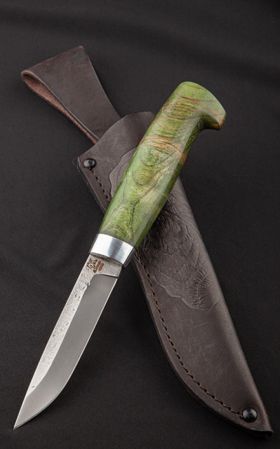 Нож финка "Lappi" (Лаппи), клинок сталь K340, след ковки, рукоять стабилизированная карельская береза зеленого цвета Нож финка "Lappi" (Лаппи), клинок сталь K340, след ковки, рукоять стабилизированная карельская береза зеленого цвета
