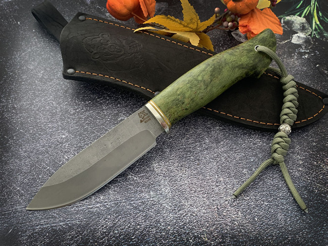 Нож "Филин",  клинок сталь Bohler К340, след ковки, рукоять стабилизированная карельская береза зелёного цвета