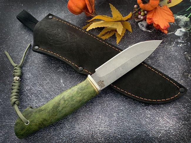 Нож "Филин",  клинок сталь Bohler К340, след ковки, рукоять стабилизированная карельская береза зелёного цвета