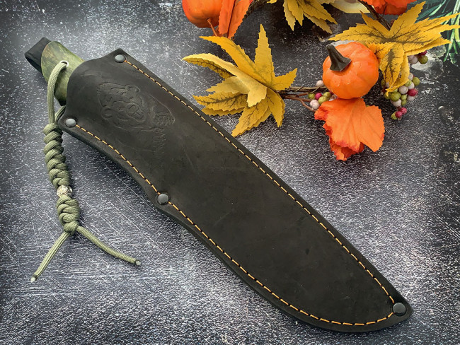 Нож "Филин",  клинок сталь Bohler К340, след ковки, рукоять стабилизированная карельская береза зелёного цвета