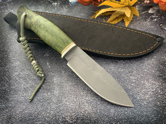 Нож "Филин",  клинок сталь Bohler К340, след ковки, рукоять стабилизированная карельская береза зелёного цвета
